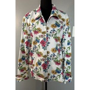 Koret White floral print Full Zip long sleeve jacket Pockets Collared Coat Sz XL